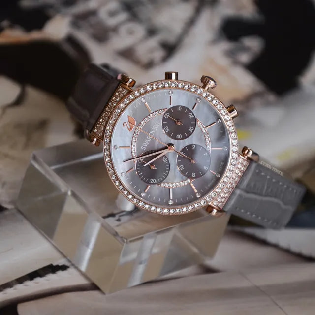 Swarovski Passage Chrono Grey Dial Grey Leather Strap Watch for Women - 5580348 Watches Swarovski   