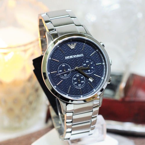 Emporio Armani Renato Chronograph Blue Dial Silver Stainless Steel Watch For Men - AR2486 Watches Emporio Armani   