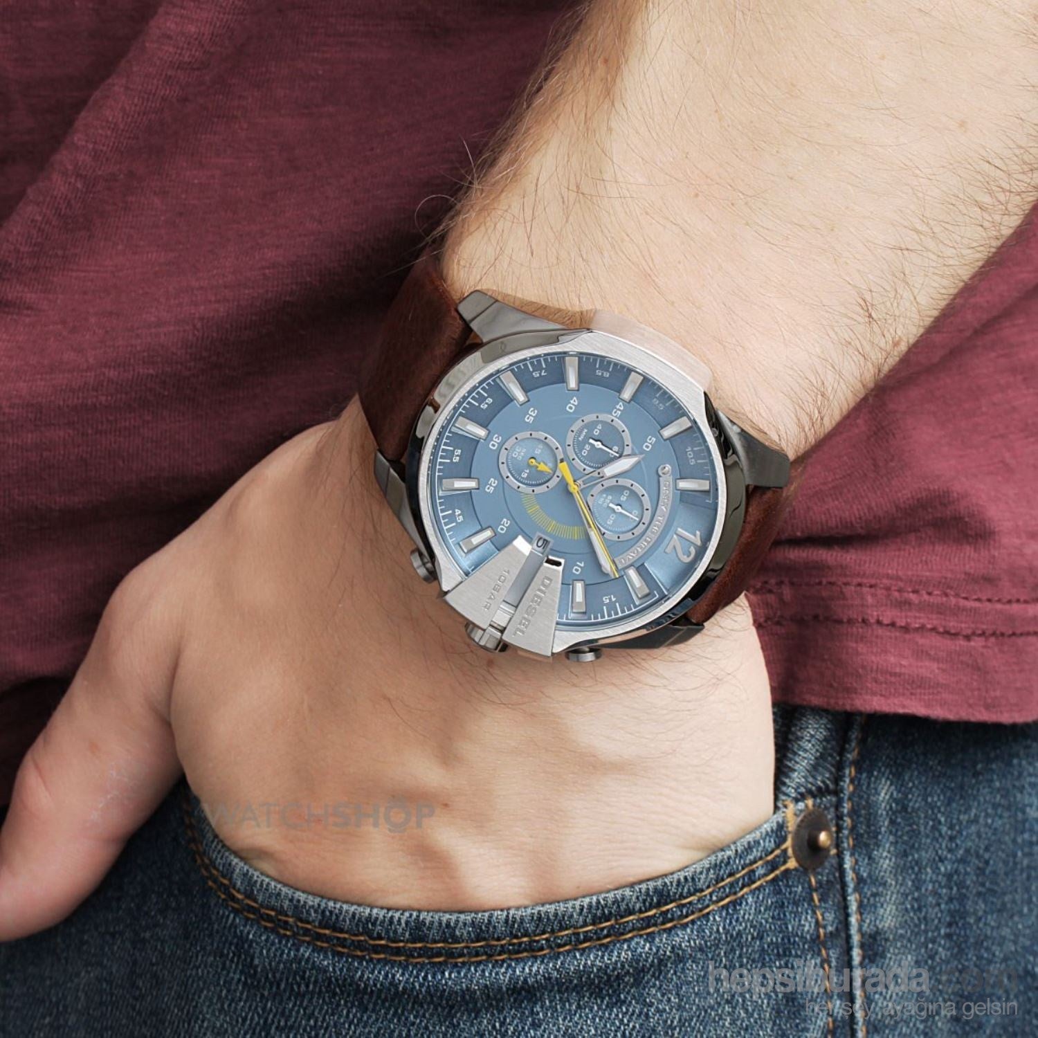 Diesel Mega Chief Light Blue Dial Brown Leather Strap Watch For Men - DZ4281 Watches Diesel   