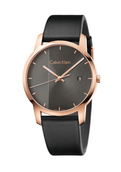 Calvin Klein City Quartz Grey Dial Black Leather Strap Watch for Men - K2G2G6C3 Watches Calvin Klein   