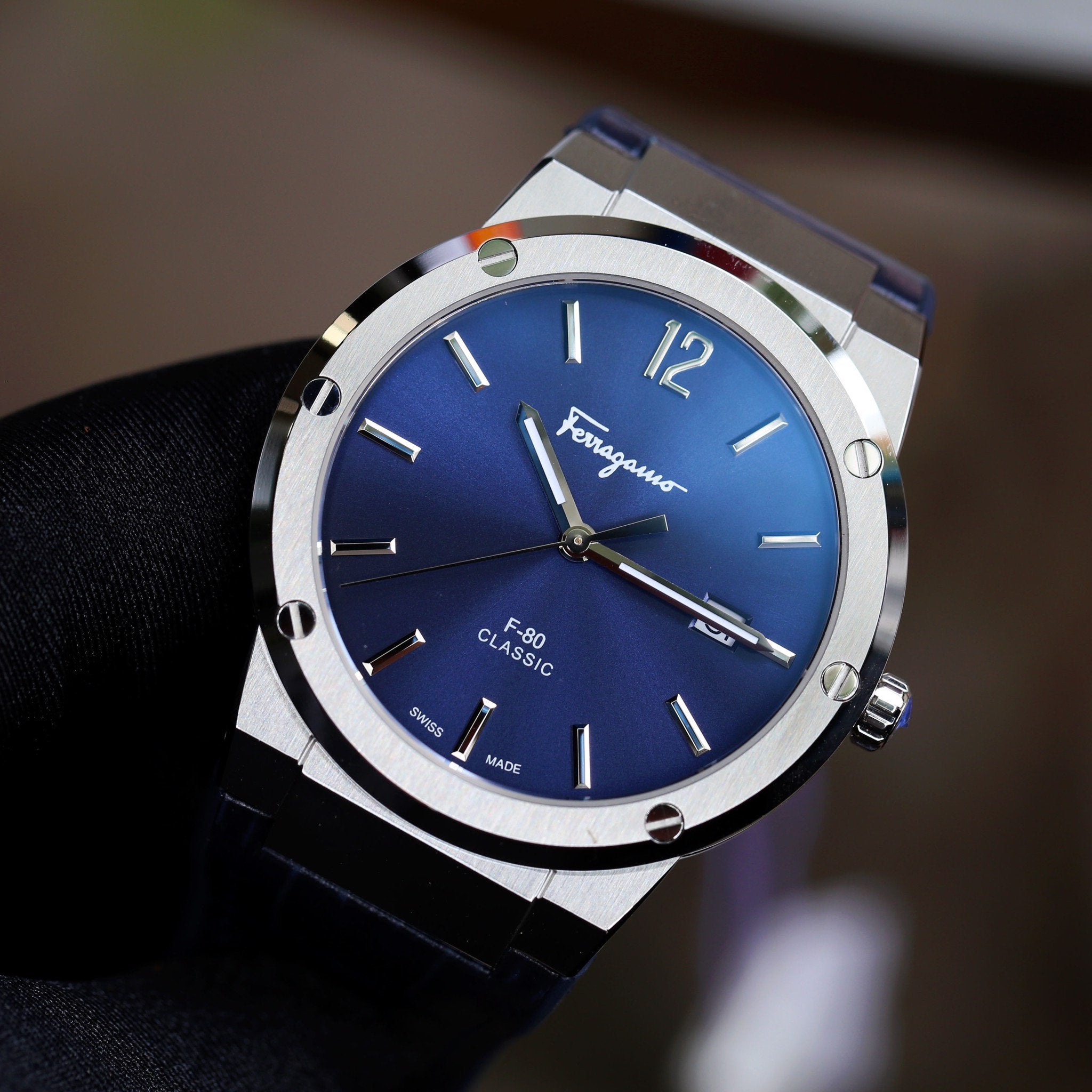 Salvatore Ferragamo F-80 Classic Blue Dial Blue Leather Strap Watch for Men - SFDT00319 Watches Salvatore Ferragamo   