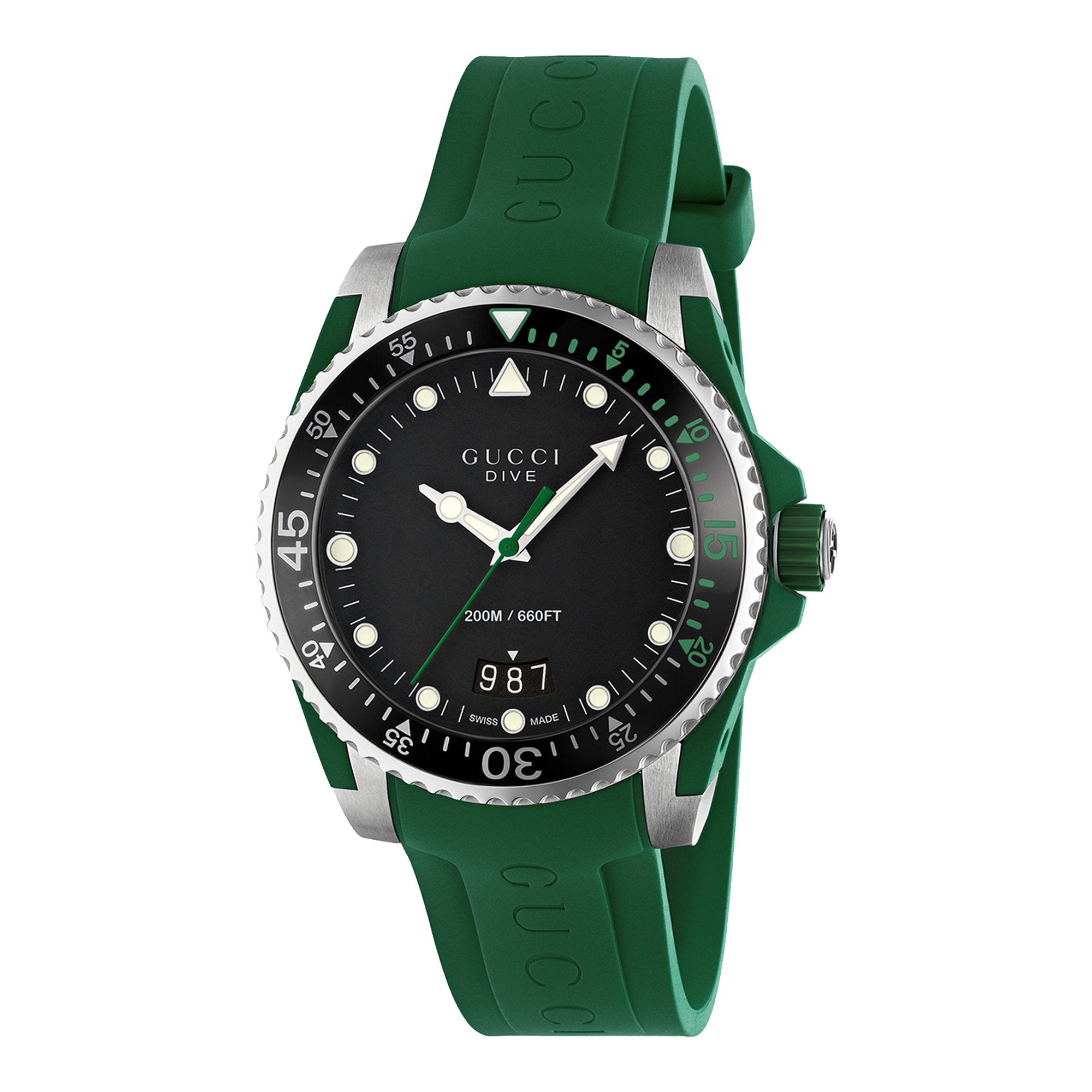 Gucci Dive Black Dial Green Rubber Strap Watch For Men - YA136310 Watches Gucci   