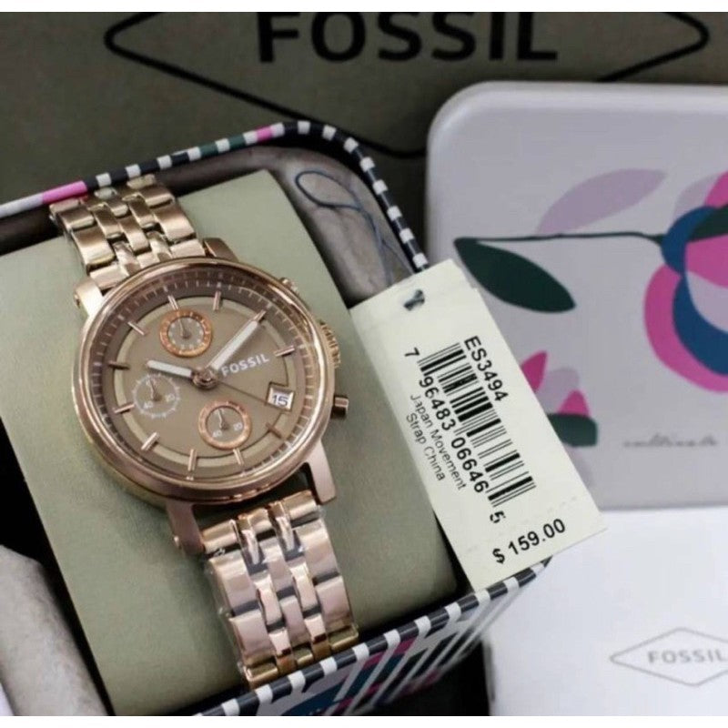 Fossil Boyfriend Chronograph Brown Dial Rose Gold Steel Strap Watch for Women - ES3494 Watches Fossil   