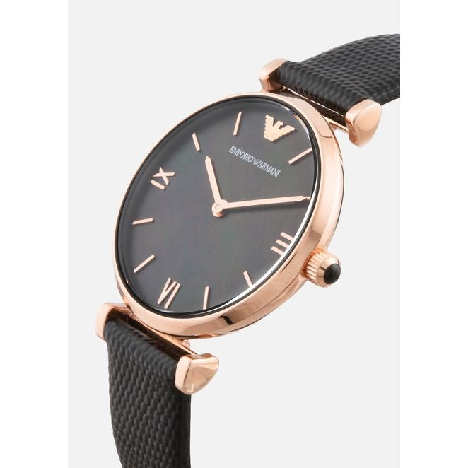 Emporio Armani Gianni T Bar Black Mother of Pearl Dial Black Leather Strap Watch For Women - AR11060 Watches Emporio Armani   