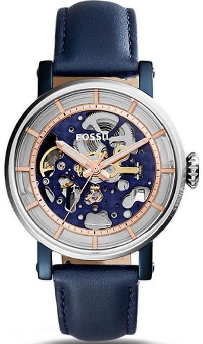 Fossil Boyfriend Skeleton Blue Dial Blue Leather Strap Watch for Women - ME3136 Watches Fossil   