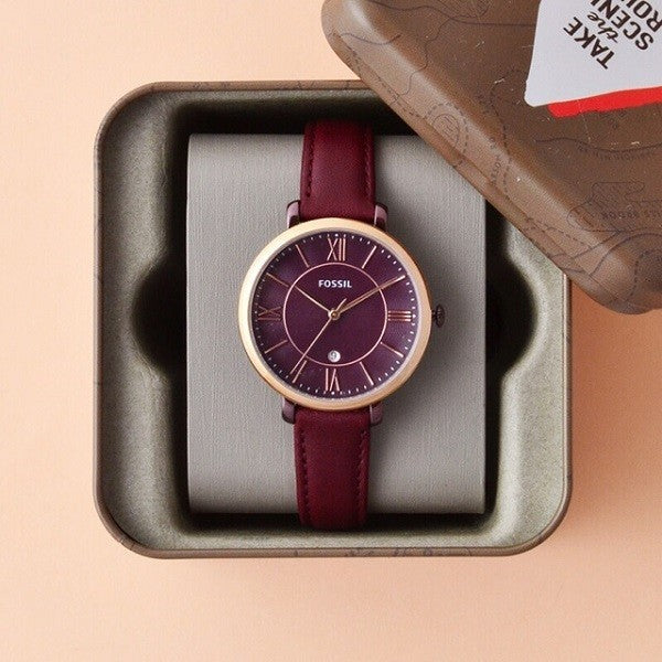 Fossil Jacqueline Burgundy Dial Burgundy Leather Strap Watch for Women  - ES4099 Watches Fossil   