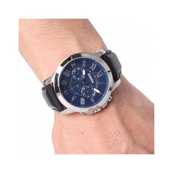 Fossil Grant Chronograph Blue Dial Black Leather Strap Watch for Men - FS4990 Watches Fossil   