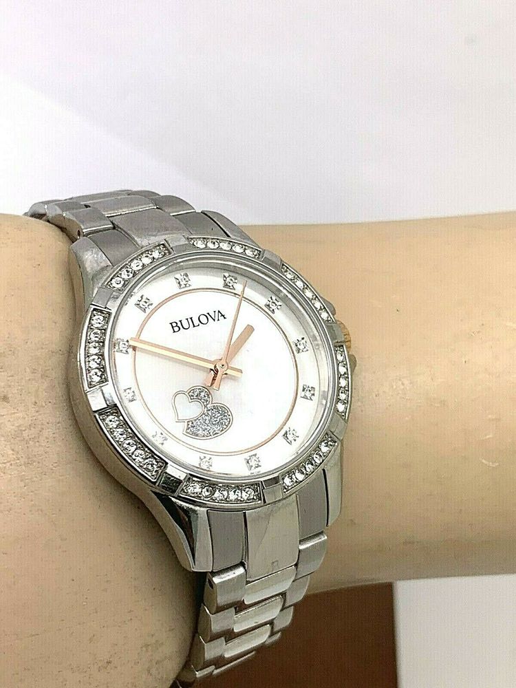 Bulova Crystal Collection Mother of Pearl Dial Silver Steel Strap Watch for Women - 98L232 Watches Bulova   