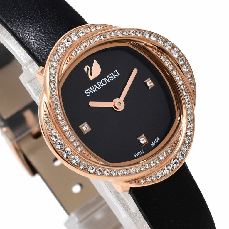 Swarovski Crystal Flower Black Dial Black Leather Strap Watch for Women - 5552421 Watches Swarovski   