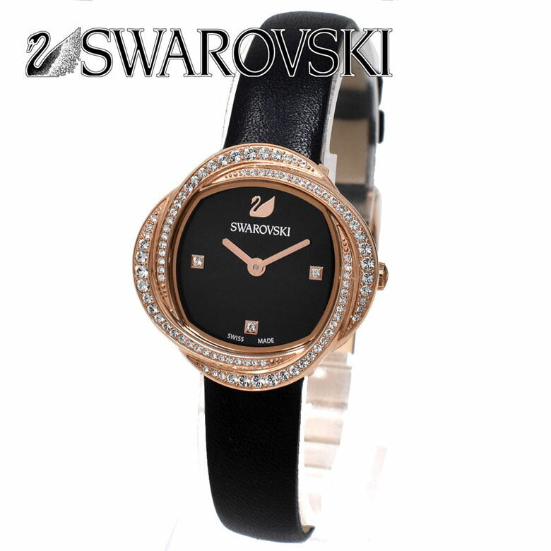 Swarovski Crystal Flower Black Dial Black Leather Strap Watch for Women - 5552421 Watches Swarovski   