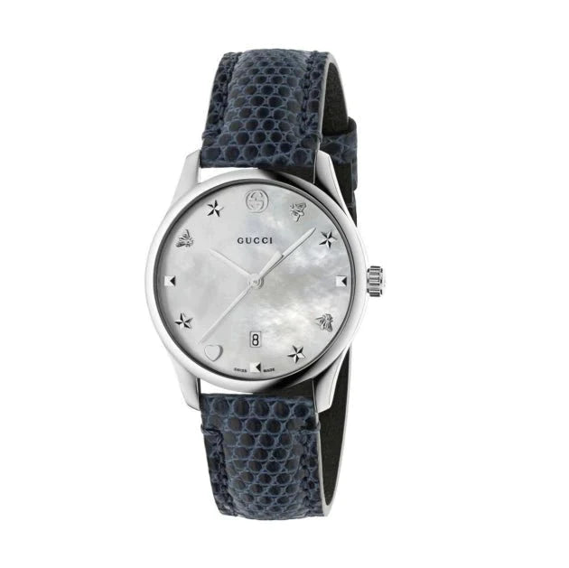 Gucci G-Timeless Signature Mother of Pearl Silver Dial Blue Leather Strap Watch For Women - YA1264049 Watches Gucci   