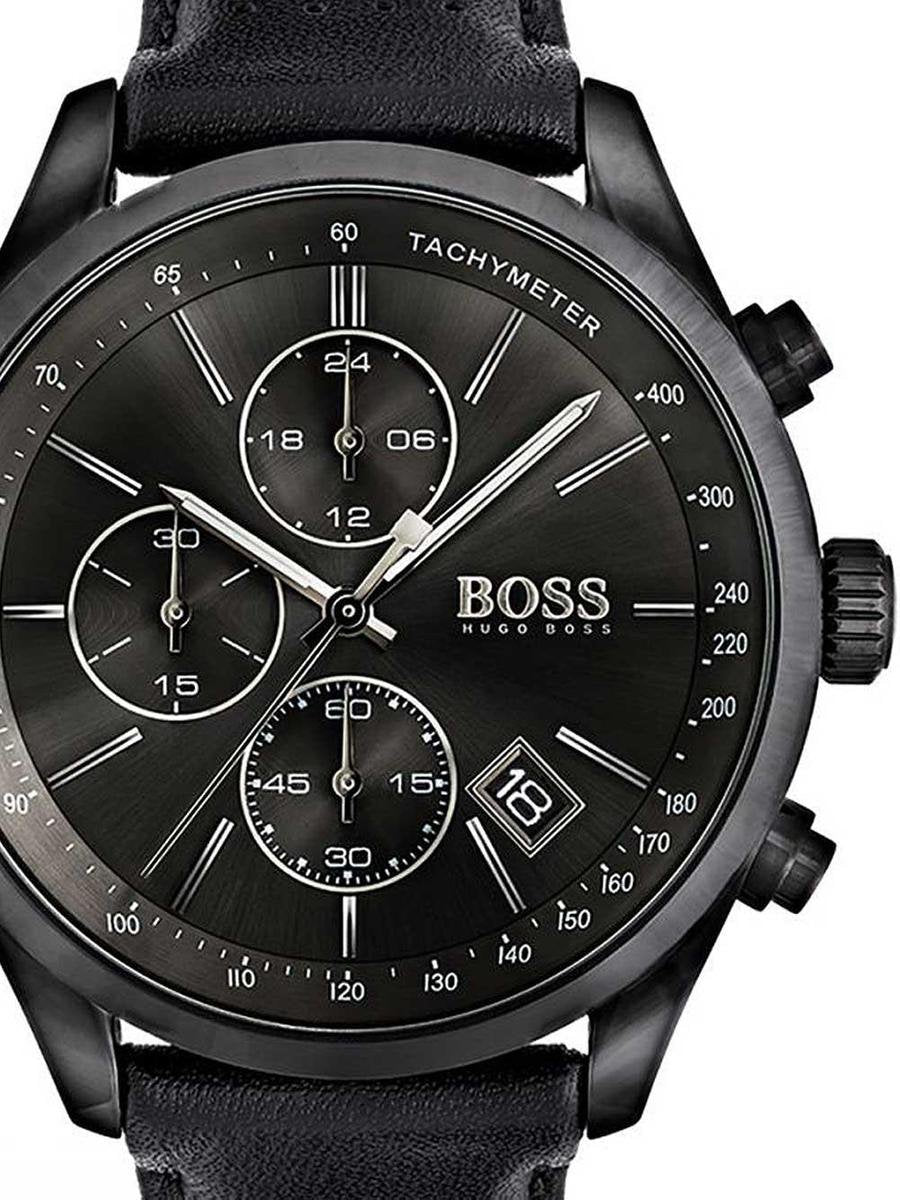 Hugo Boss Grand Prix Black Dial Black Leather Strap Watch for Men - 1513474 Watches Hugo Boss   