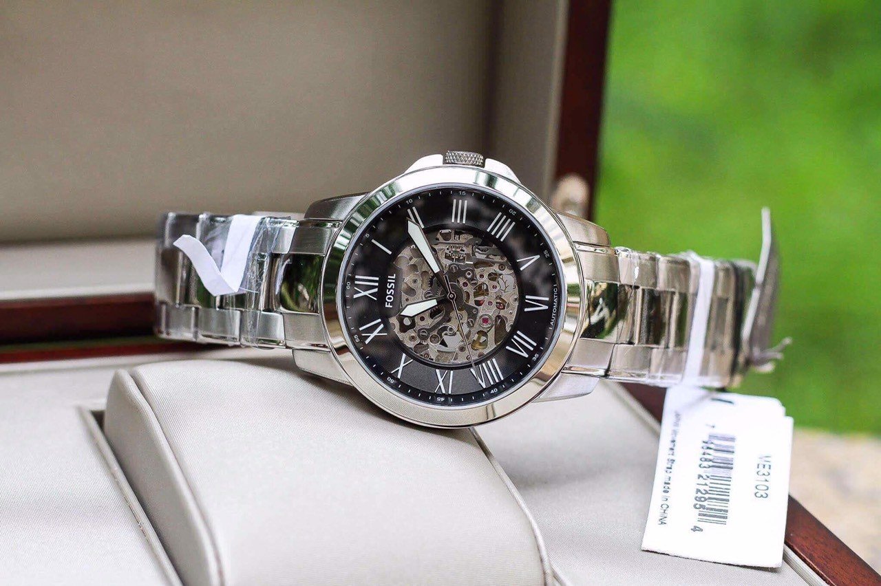 Fossil Grant Automatic Skeleton Black Dial Silver Steel Strap Watch for Men - ME3103 Watches Fossil   