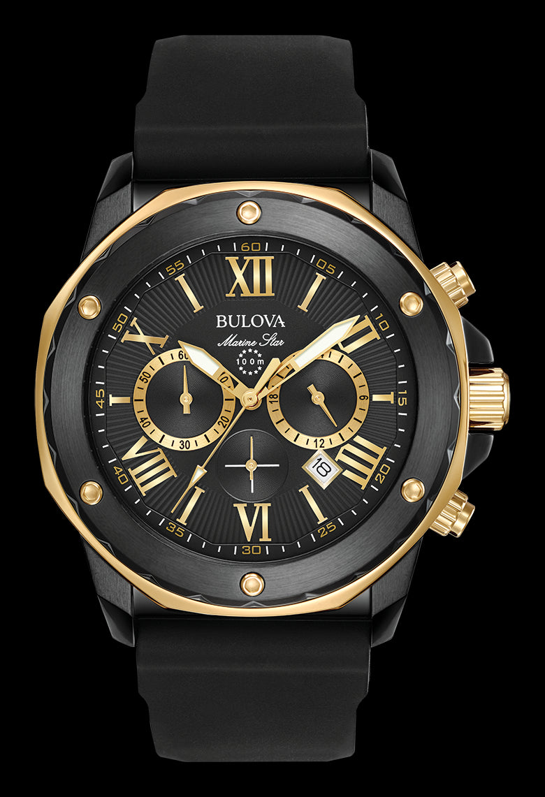 Bulova Marine Star Chronograph Black Dial Black Rubber Strap Watch for Men - 98B278 Watches Bulova   