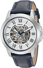 Fossil Grant Automatic Skeleton Silver Dial Blue Leather Strap Watch for Men - ME3111 Watches Fossil   