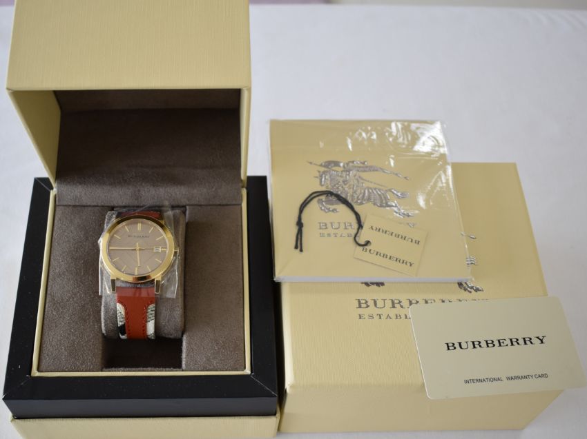 Burberry The City Gold Dial Orange Leather Strap Watch for Women - BU9016 Watches Burberry   