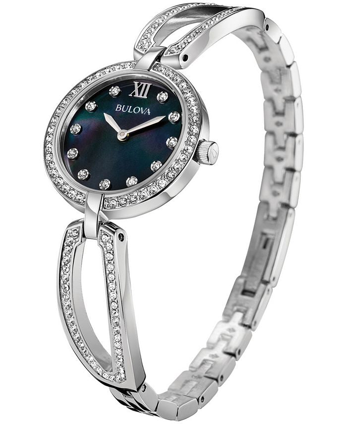 Bulova Crystal Black Mother of Pearl Dial Silver Steel Strap Watch for Women - 96L224 Watches Bulova   