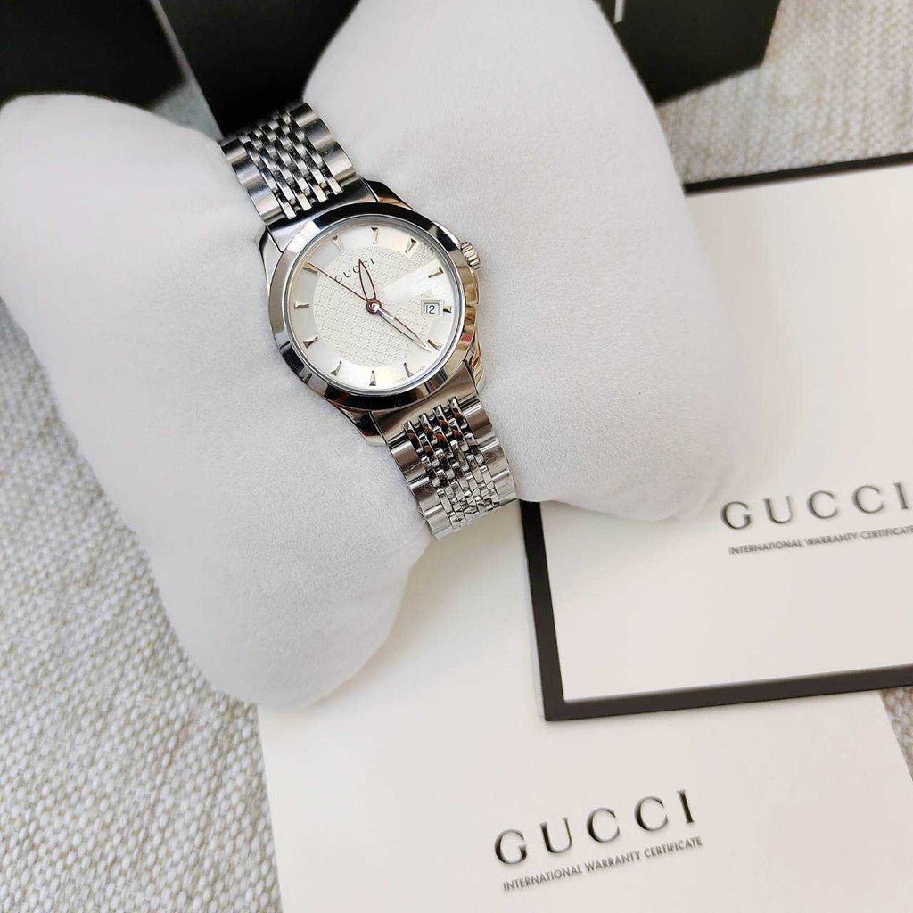 Gucci G Timeless Silver Dial Silver Steel Strap Watch For Women - YA126501 Watches Gucci   