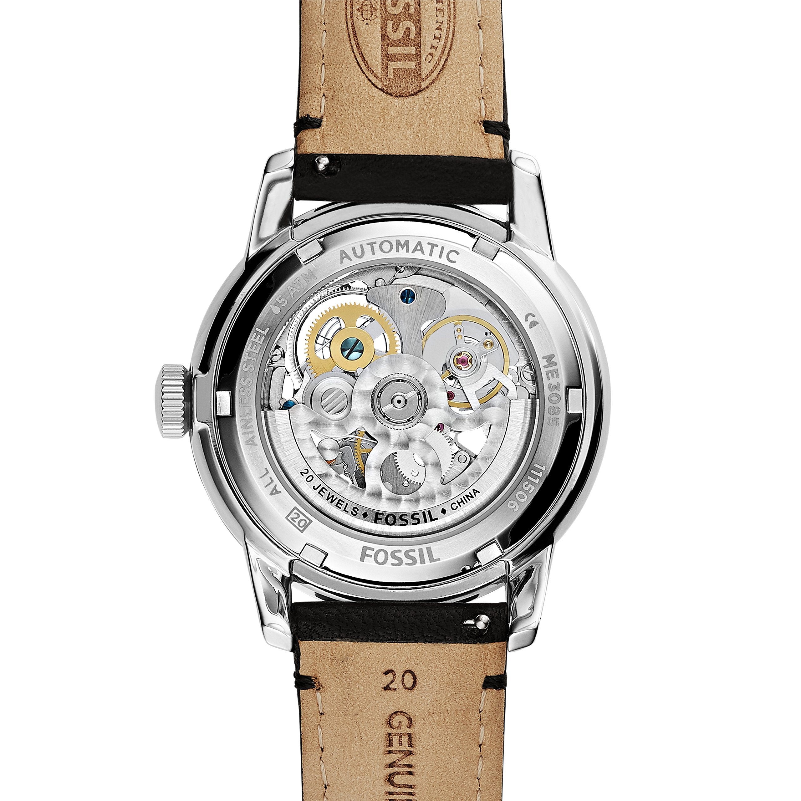 Fossil Townsman Automatic Skeleton White Dial Black Leather Strap Watch for Men - ME3085 Watches Fossil   