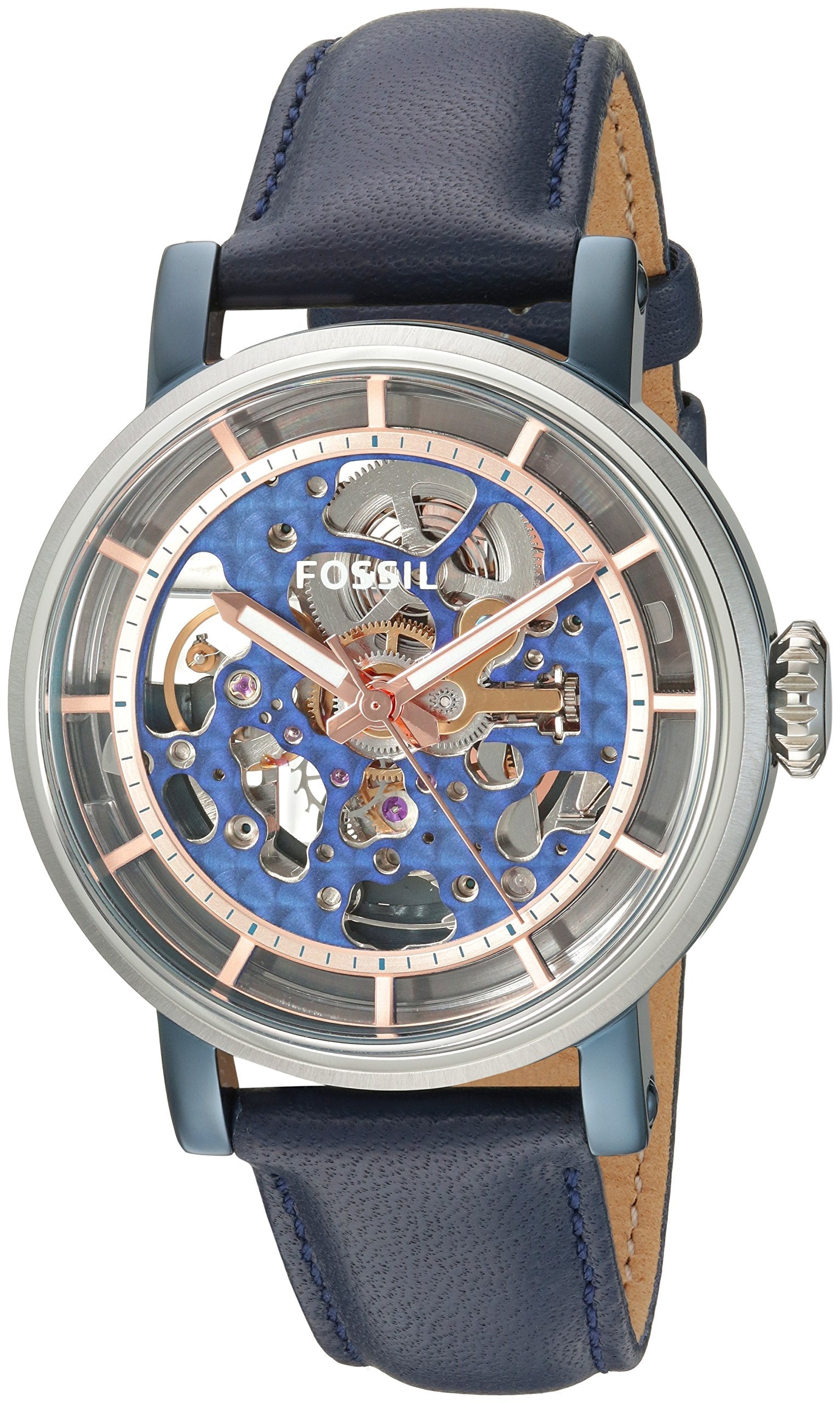 Fossil Boyfriend Skeleton Blue Dial Blue Leather Strap Watch for Women - ME3136 Watches Fossil   