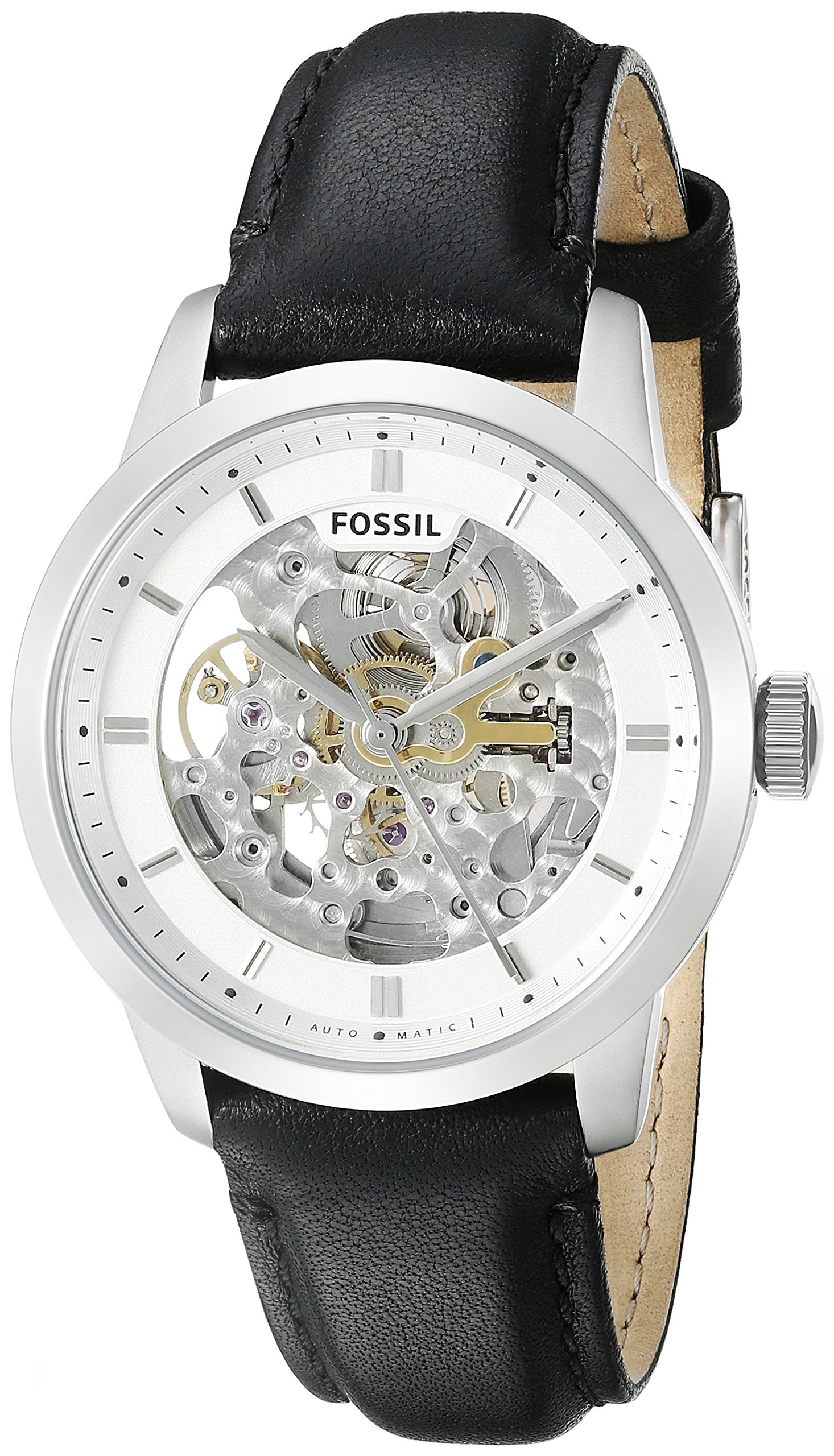 Fossil Townsman Automatic Skeleton White Dial Black Leather Strap Watch for Men - ME3085 Watches Fossil   