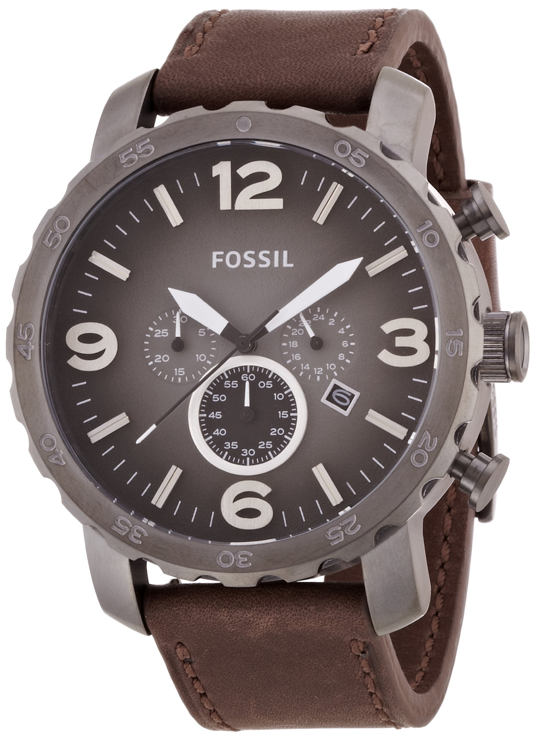 Fossil Nate Chronograph Grey Dial Brown Leather Strap Watch for Men - JR1424 Watches Fossil   