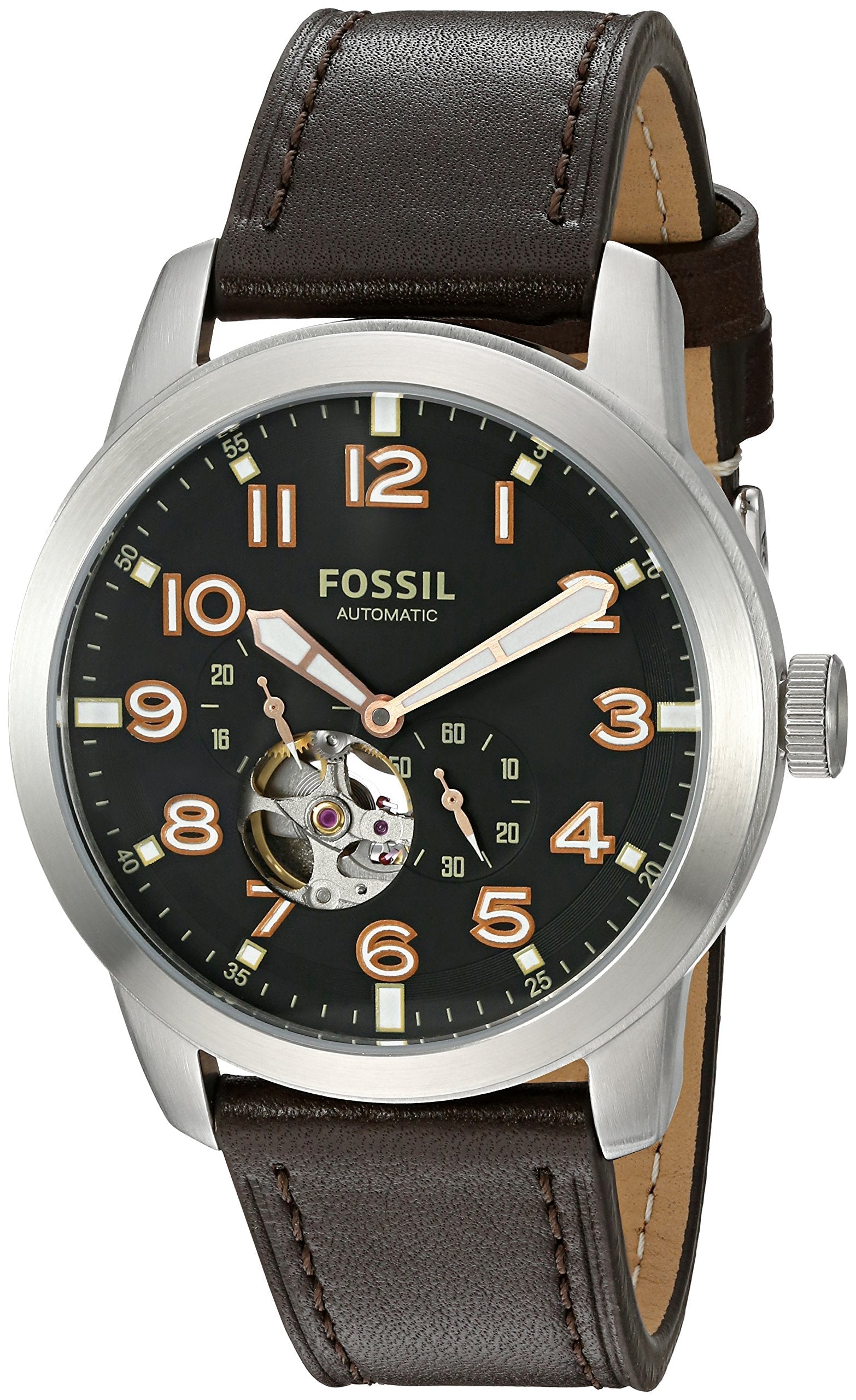 Fossil Pilot 54 Automatic Black Dial Brown Leather Strap Watch for Men - ME3118 Watches Fossil   