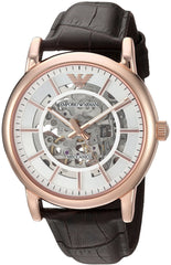 Emporio Armani Meccanico Silver Skeleton Dial Brown Leather Strap Watch For Men - AR1983 Watches Emporio Armani   