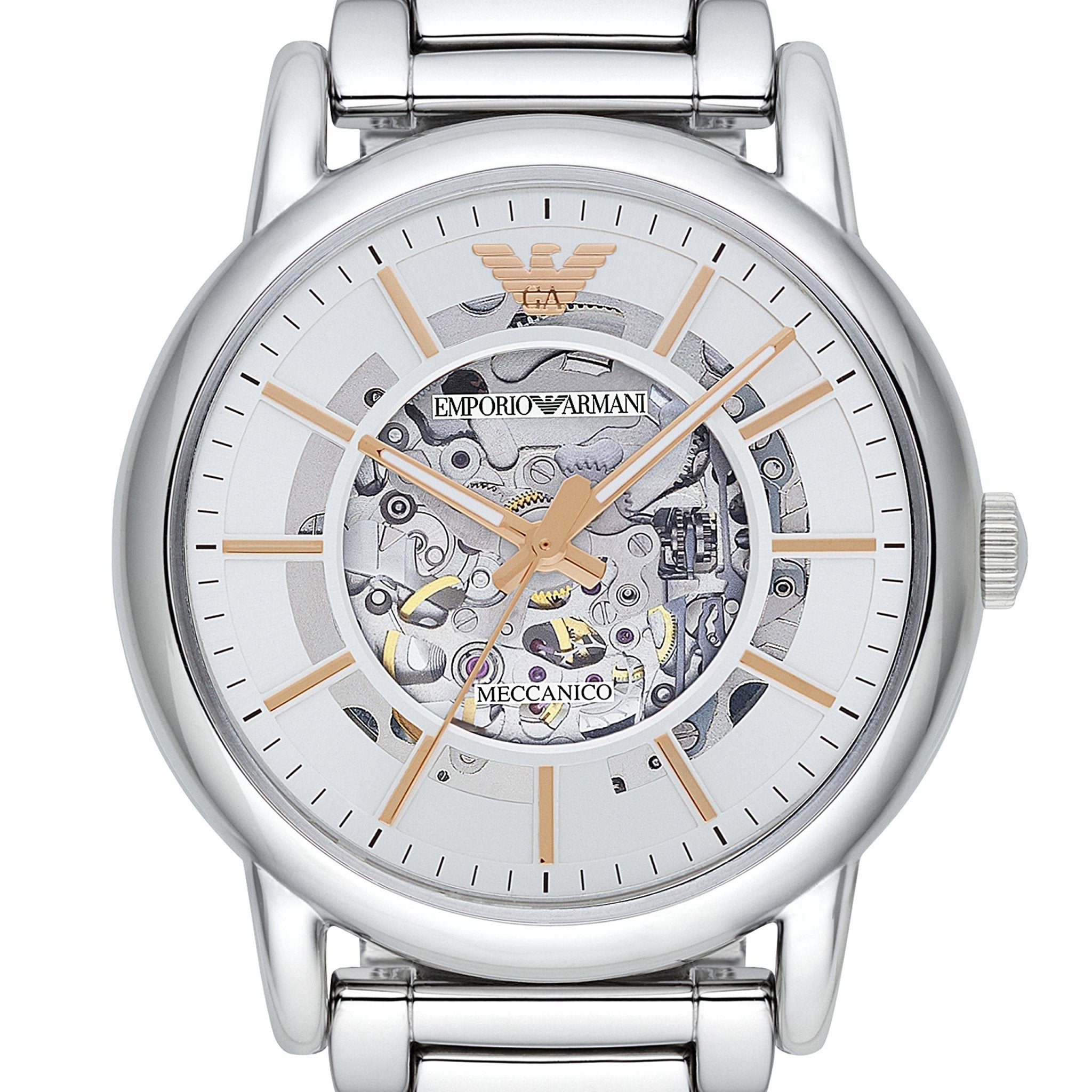 Emporio Armani Meccanico Silver Skeleton Dial Stainless Steel Watch For Men - AR1980 Watches Emporio Armani   