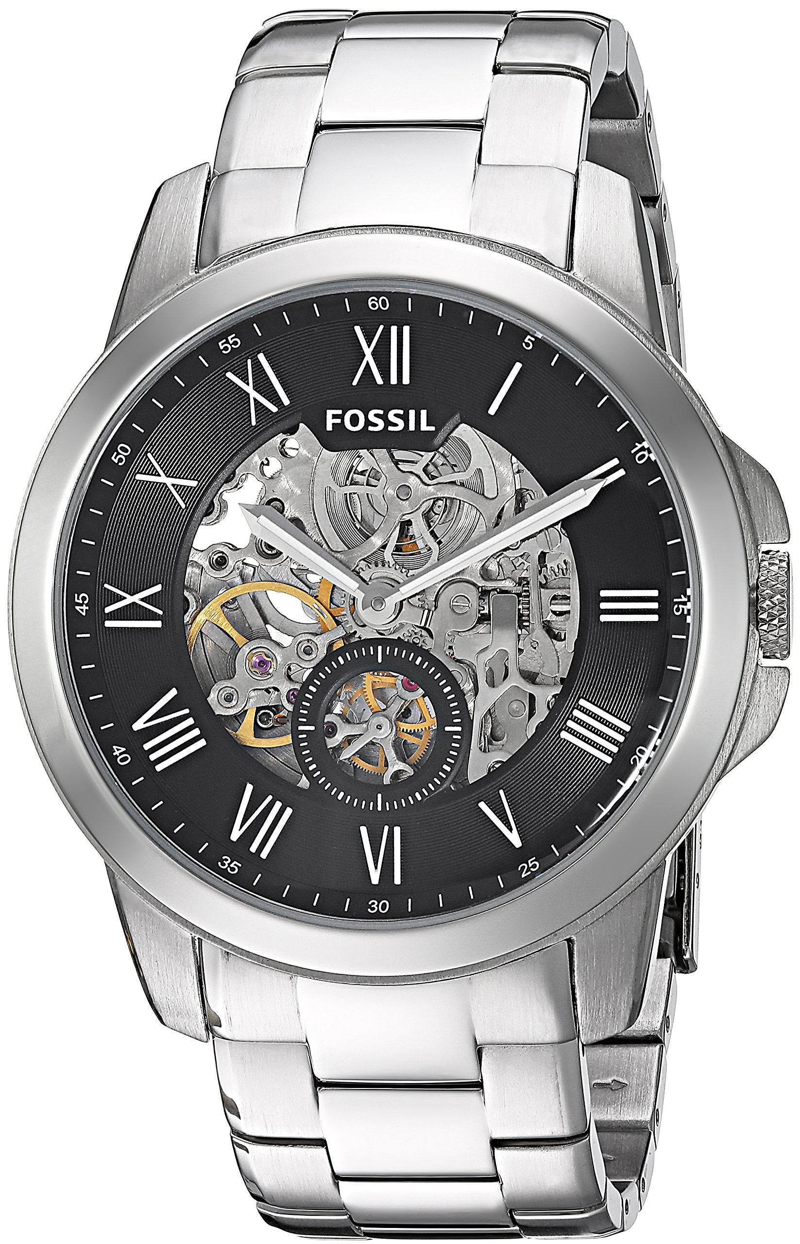 Fossil Grant Skeleton Black Dial Silver Steel Strap Watch for Men - ME3055 Watches Fossil   