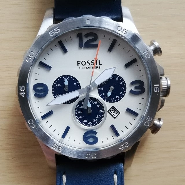 Fossil Nate Chronograph White Dial Blue Leather Strap Watch for Men - JR1480 Watches Fossil   