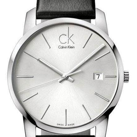 Calvin Klein City Date Silver Dial Black Leather Strap Watch for Men - K2G2G1C6 Watches Calvin Klein   