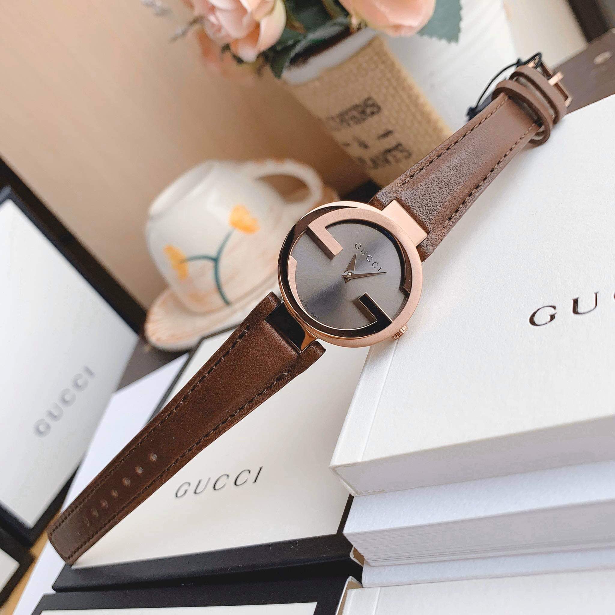 Gucci G Interlocking Brown Dial Brown Leather Strap Watch For Women - YA133504 Watches Gucci   