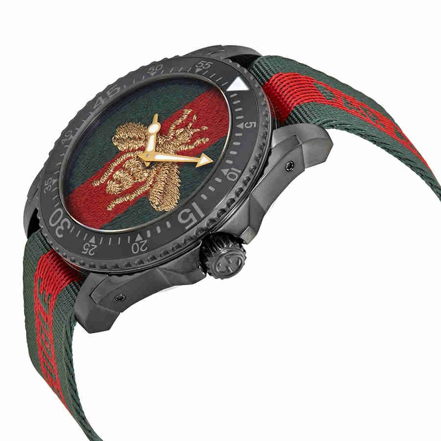 Gucci Dive Green & Red Dial Green & Red Nylon Strap Watch For Men - YA136216 Watches Gucci   