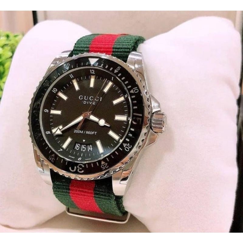 Gucci Dive Black Dial Green & Red Nylon Strap Watch For Men - YA136206 Watches Gucci   