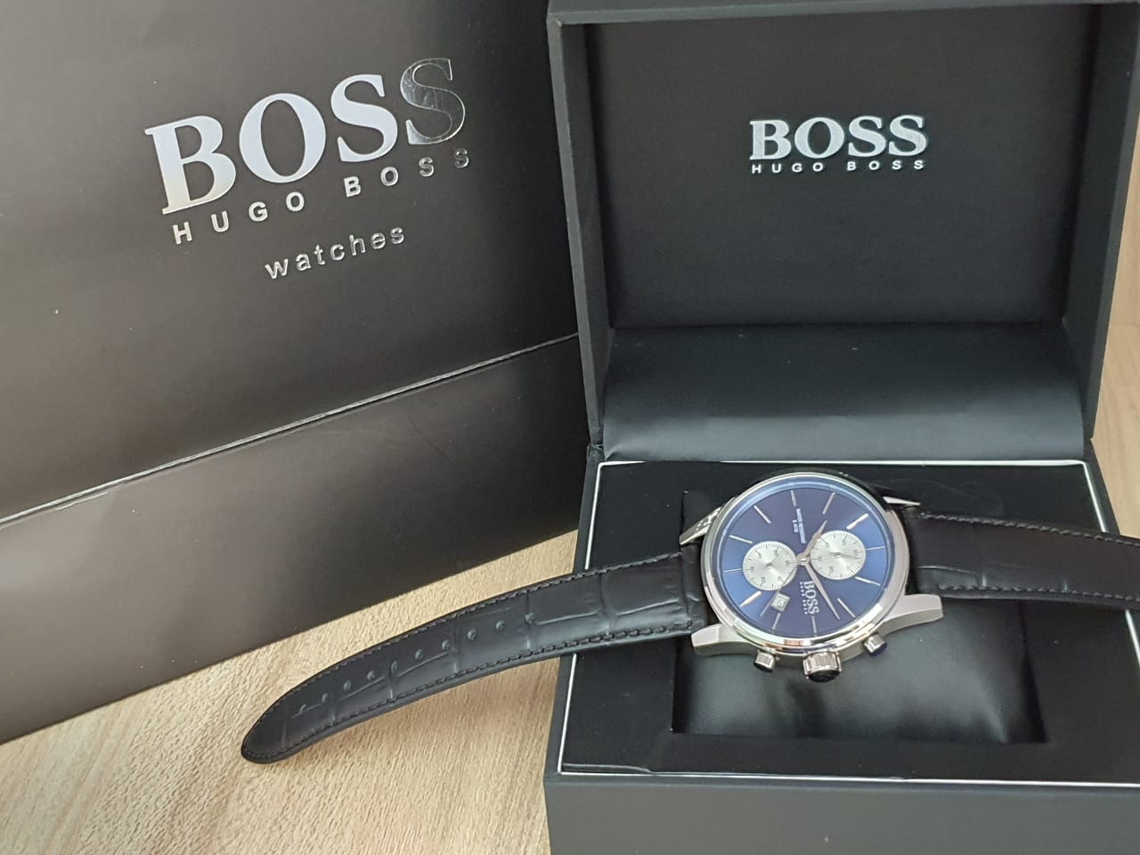 Hugo Boss Jet Blue Dial Black Leather Strap Watch for Men - 1513283 Watches Hugo Boss   