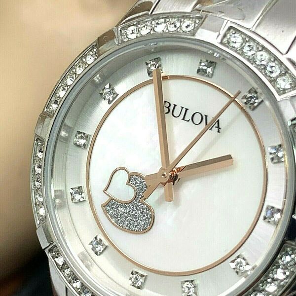 Bulova Crystal Collection Mother of Pearl Dial Silver Steel Strap Watch for Women - 98L232 Watches Bulova   