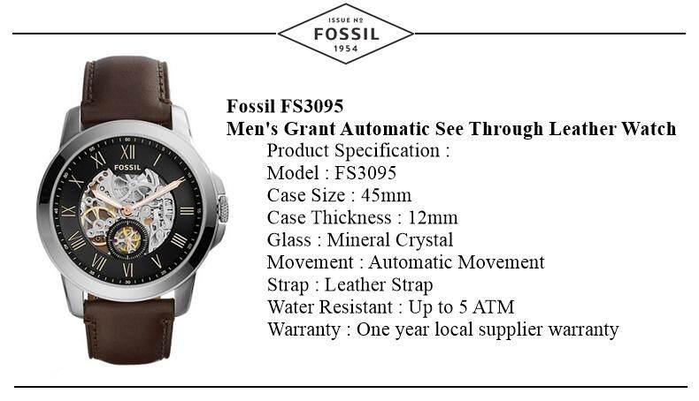 Fossil Grant Automatic Skeleton Black Dial Brown Leather Strap Watch for Men - ME3095 Watches Fossil   