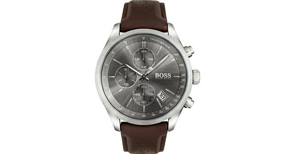 Hugo Boss Grand Prix Grey Dial Brown Leather Strap Watch for Men -  1513476 Watches Hugo Boss   