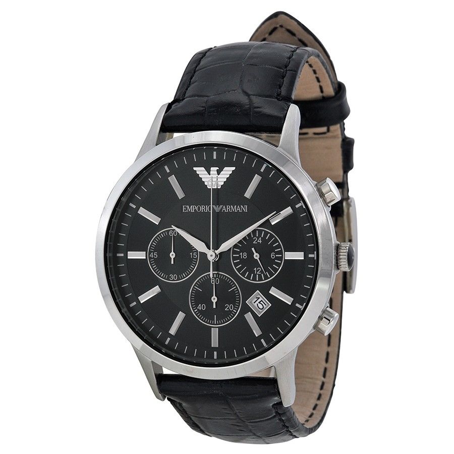 Emporio Armani Renato Chronograph Black Dial Black Leather Strap Watch For Men - AR2447 Watches Emporio Armani   