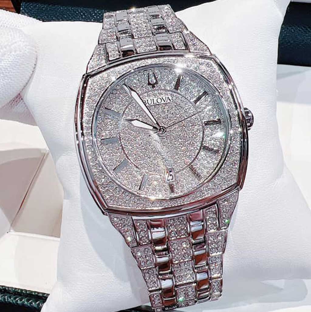 Bulova Phantom Swarovski Crystal Pave Silver Dial Silver Steel Strap Watch for Men - 98B296 Watches Bulova   