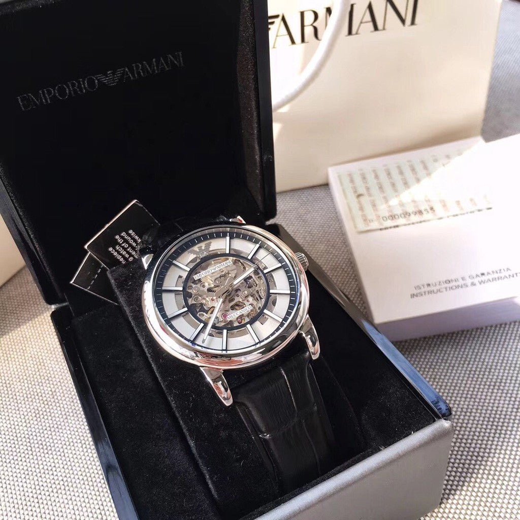 Emporio Armani Luigi Silver Skeleton Dial Black Leather Strap Watch For Men - AR1981 Watches Emporio Armani   