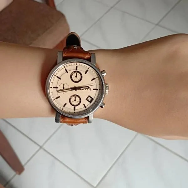 Fossil Original Boyfriend Sport Chronograph Beige Dial Brown Leather Strap Watch for Women - ES4046 Watches Fossil   