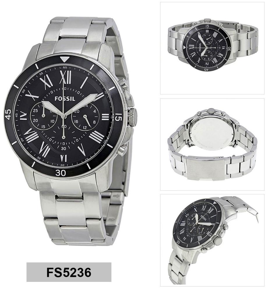 Fossil Grant Sport Chronograph Black Dial Silver Steel Strap Watch for Men - FS5236 Watches Fossil   