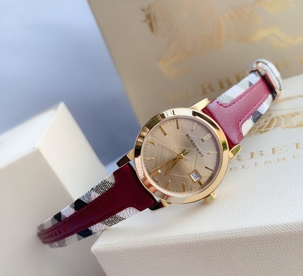 Burberry The City Gold Dial Maroon Leather Strap Watch for Women - BU9017 Watches Burberry   