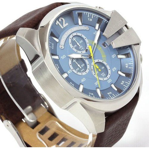 Diesel Mega Chief Light Blue Dial Brown Leather Strap Watch For Men - DZ4281 Watches Diesel   