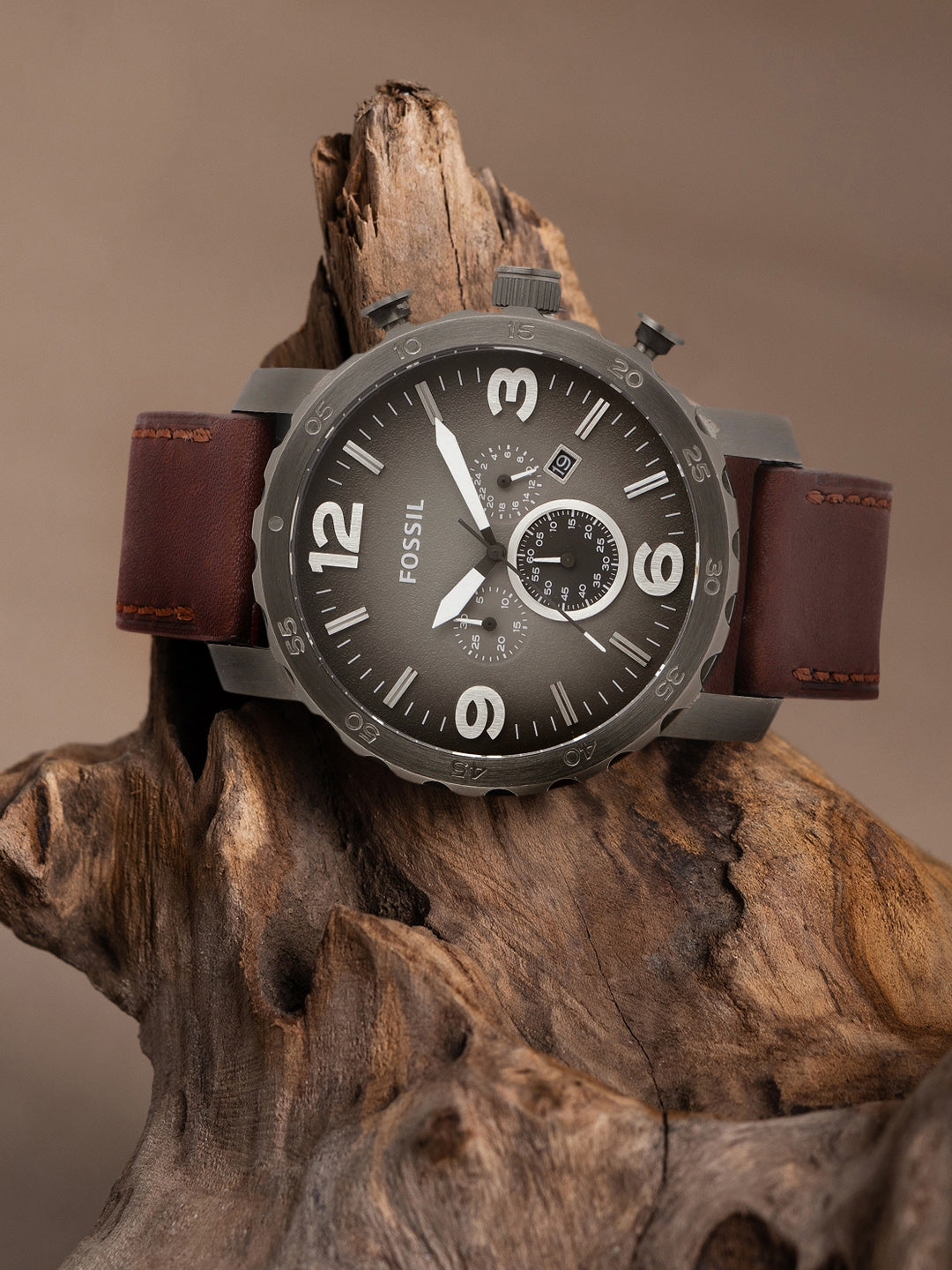 Fossil Nate Chronograph Grey Dial Brown Leather Strap Watch for Men - JR1424 Watches Fossil   