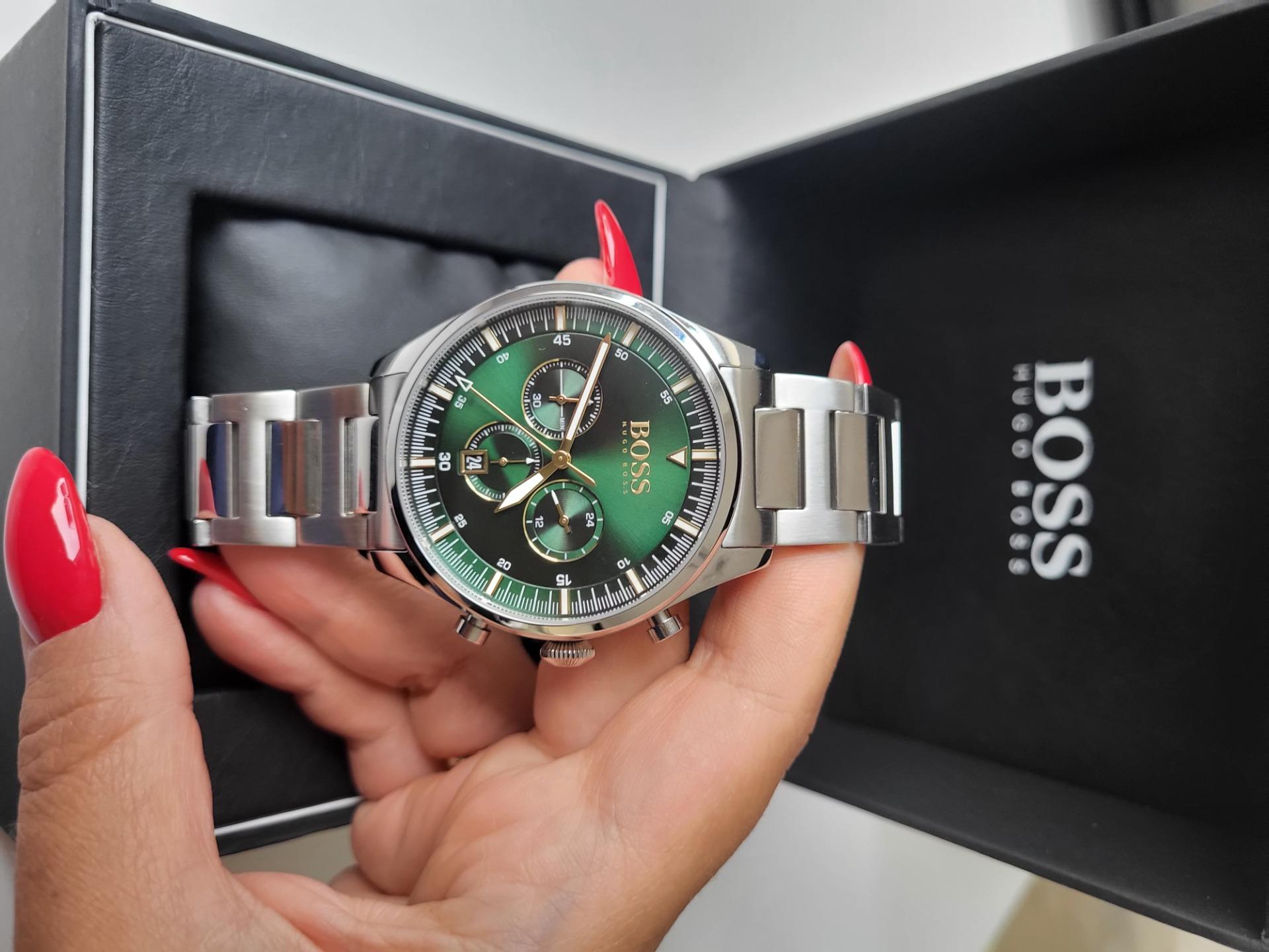 Hugo Boss Pioneer Green Dial Silver Steel Strap Watch for Men - 1513868 Watches Hugo Boss   