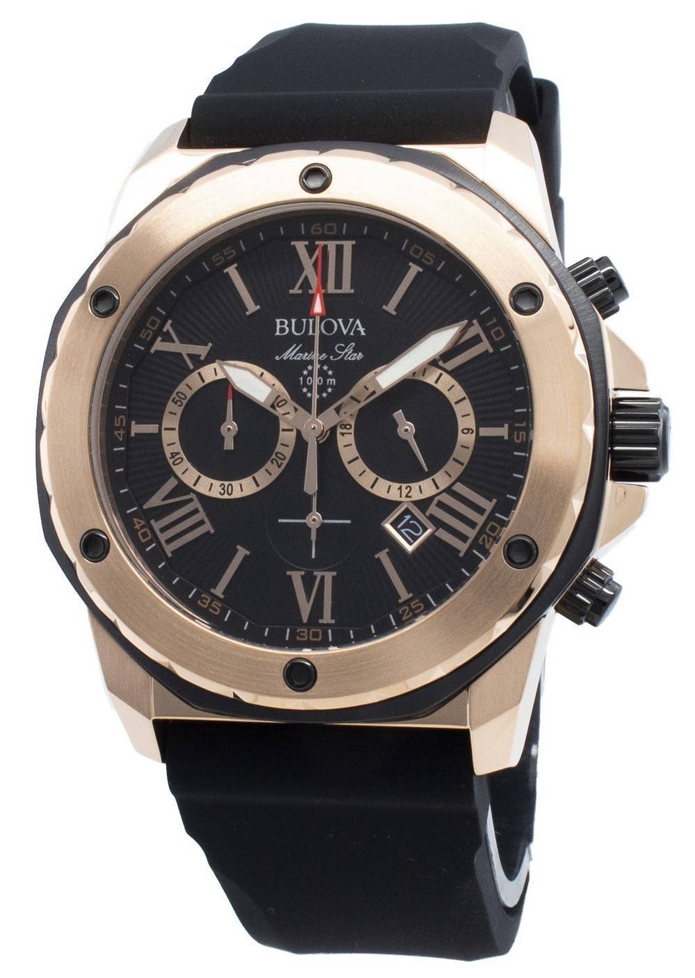 Bulova Marine Star Chronograph Black Dial Black Leather Strap Watch for Men - 98B104 Watches Bulova   