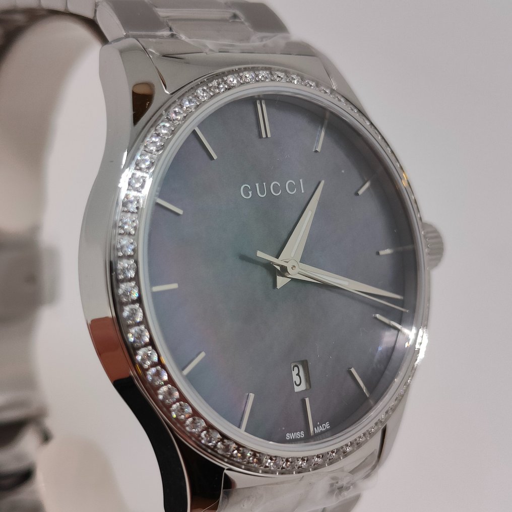 Gucci G Timeless Diamonds Mother of Pearl Blue Dial Silver Steel Strap Unisex Watch - YA126458 Watches Gucci   